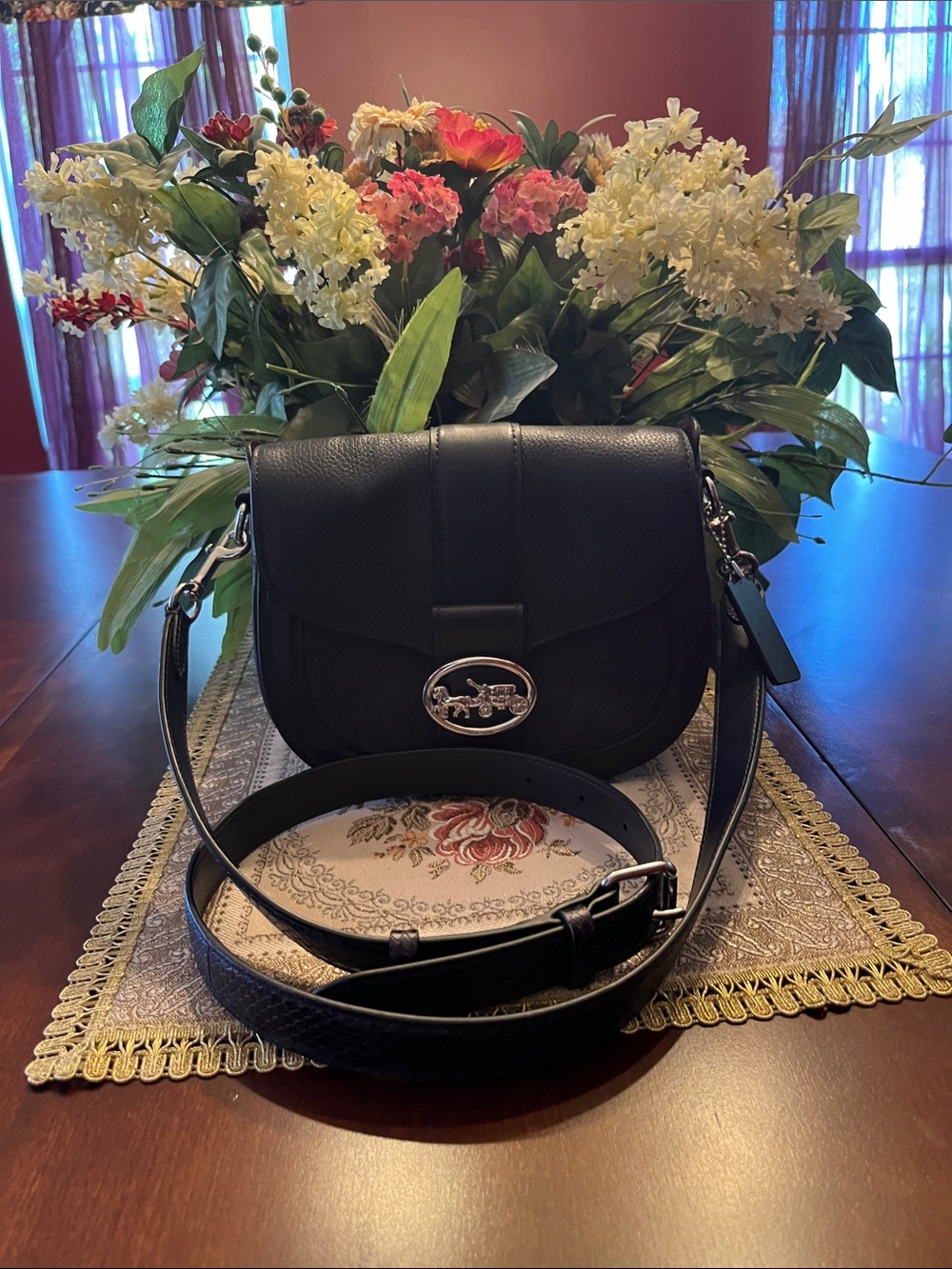 Coach Black Leather Saddle Crossbody with Silver Horsebit Emblem
